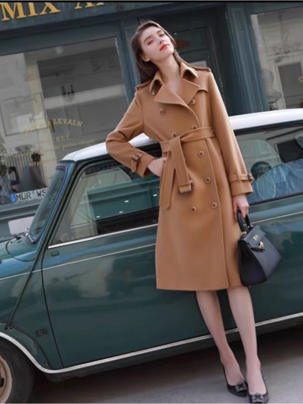 Water Ripple Cashmere Elegant Camel Double-Breasted Pea Coat with Belt